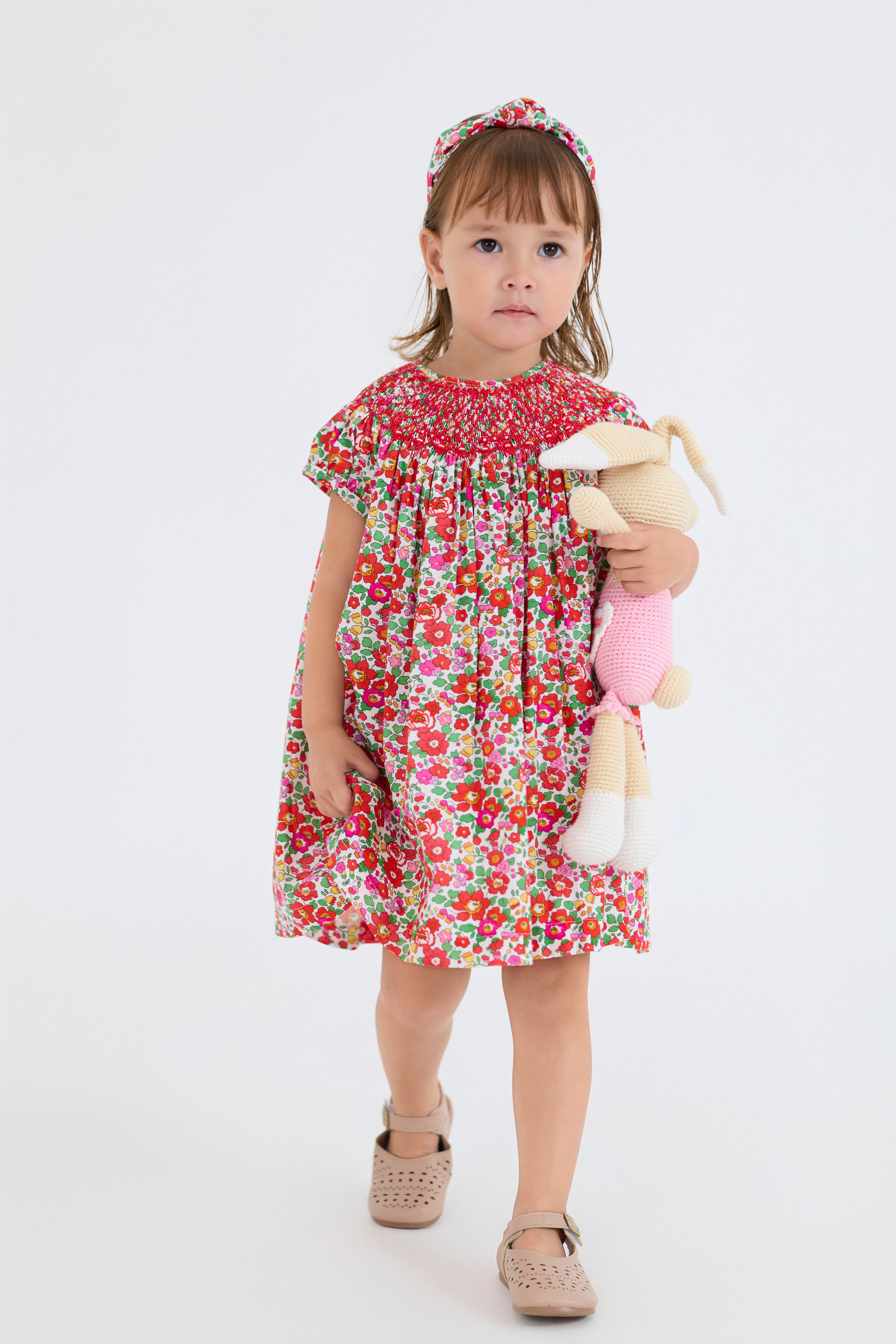 A-Line Smocked Dress & Turban Set (Red)
