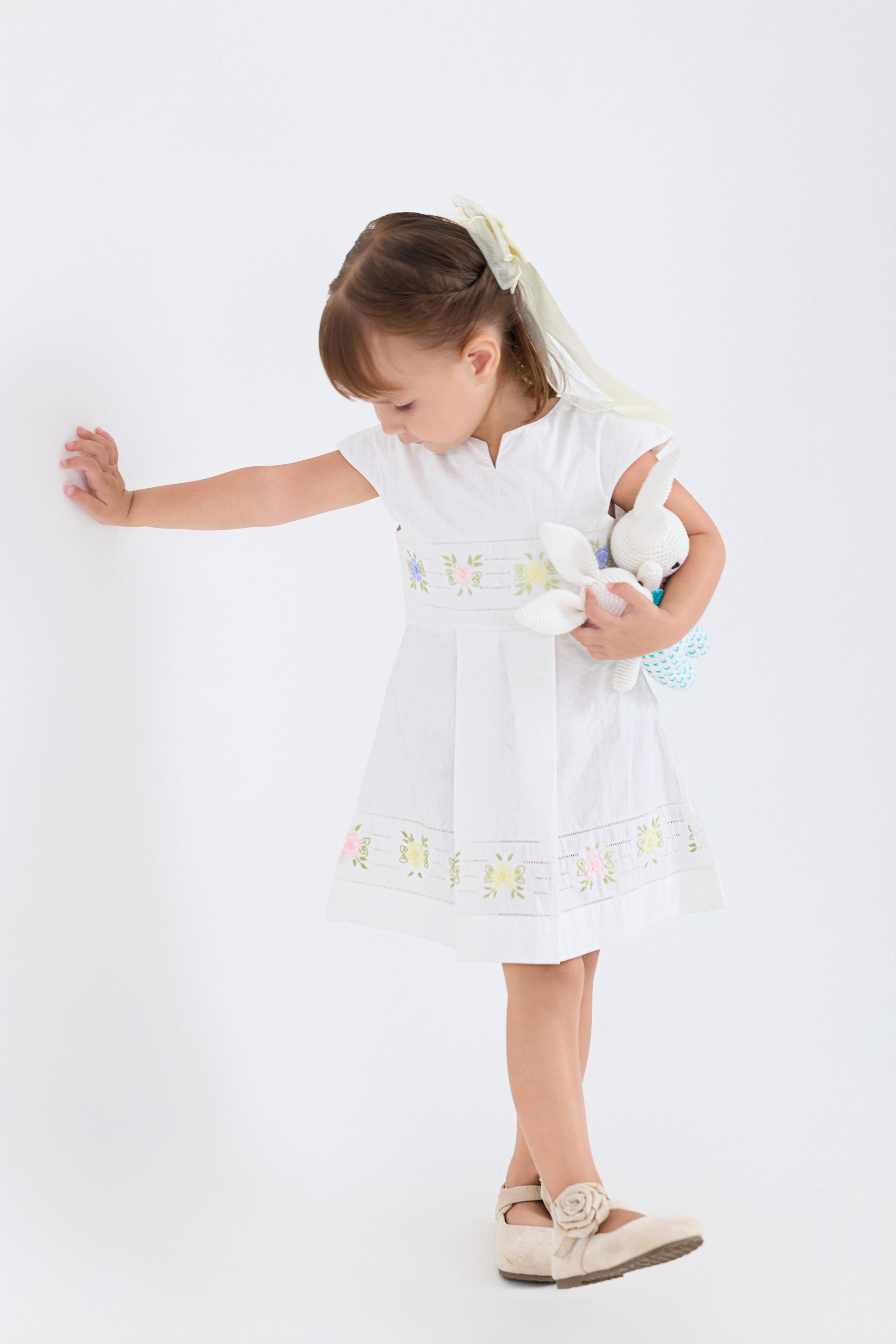 Rose Embroidery Hemstitch V-Neck Dress