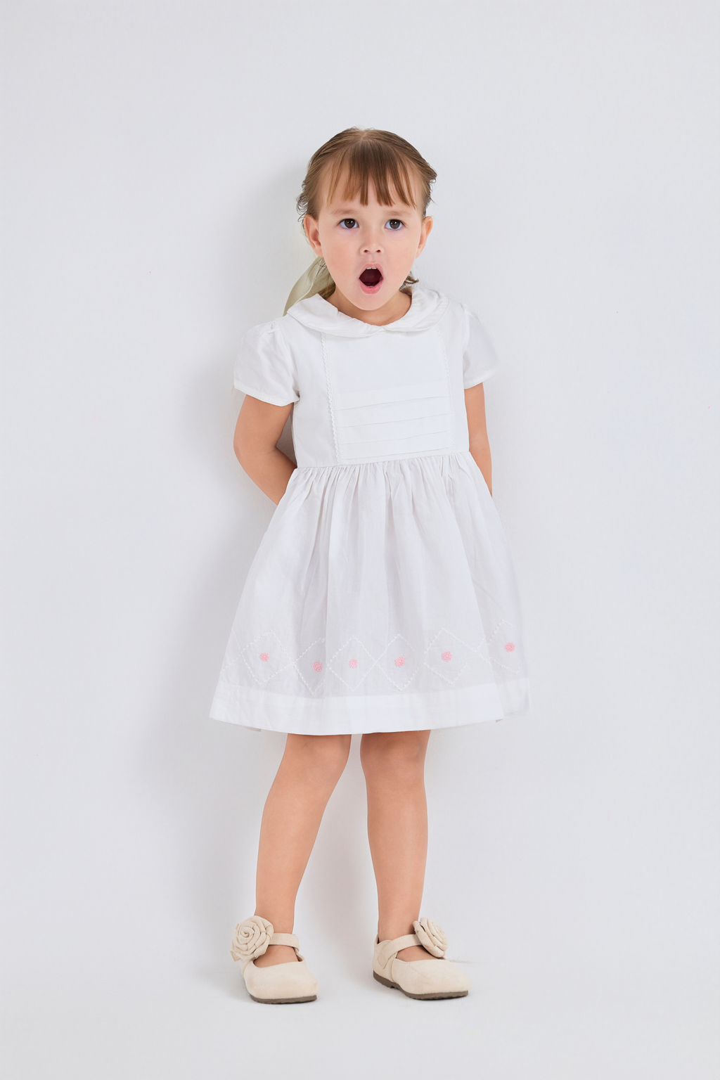 Pleated Bodice Peter Pan Collar Hemstitching Dress