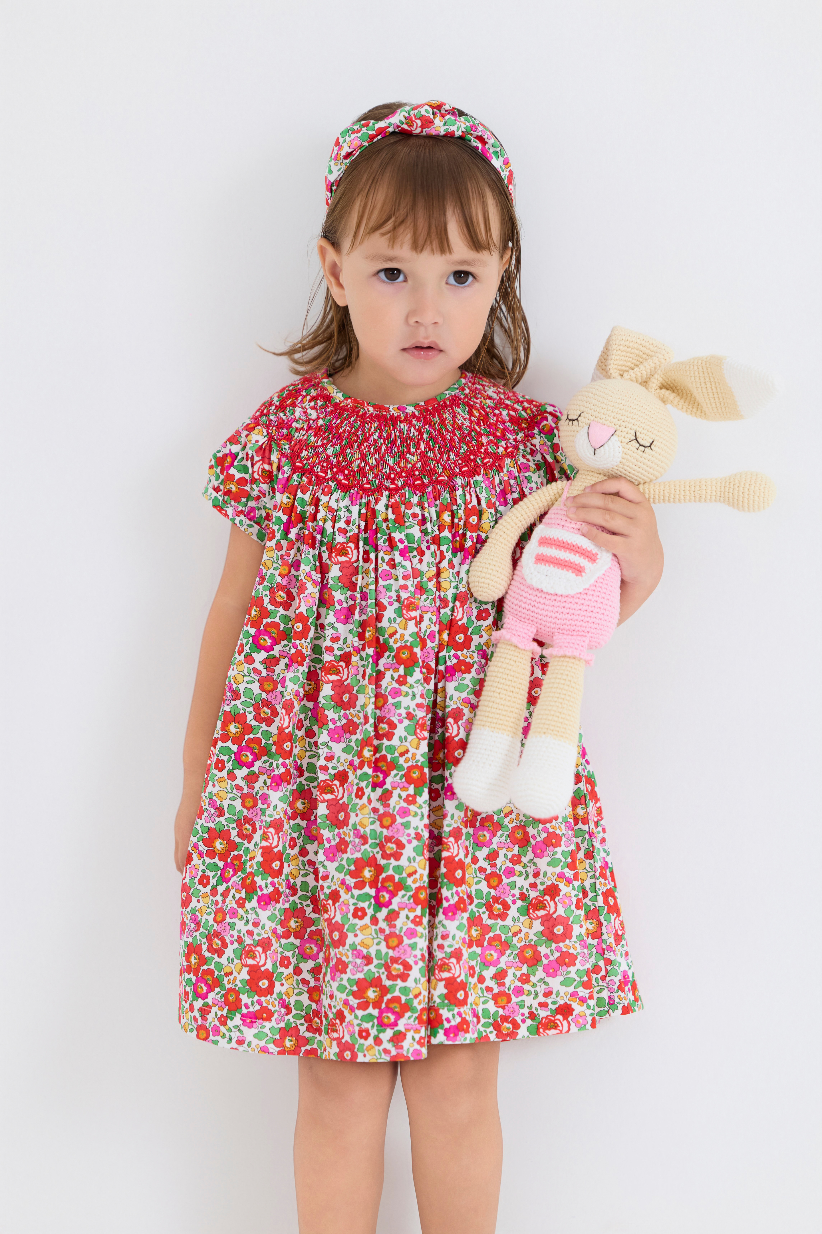 A-Line Smocked Dress & Turban Set (Red)