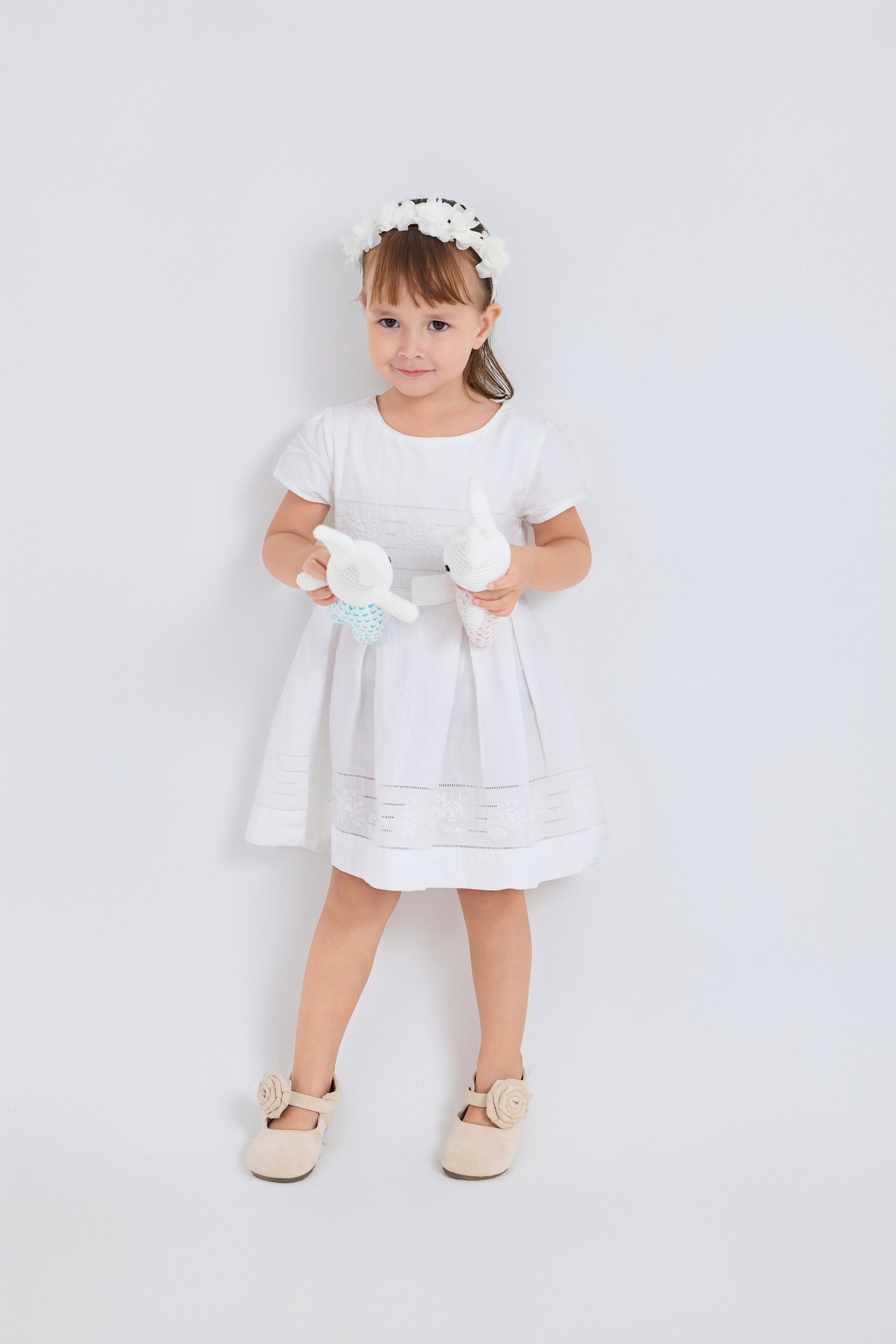 Rose-Embroidered Hemstitch Dress with Waist Bow