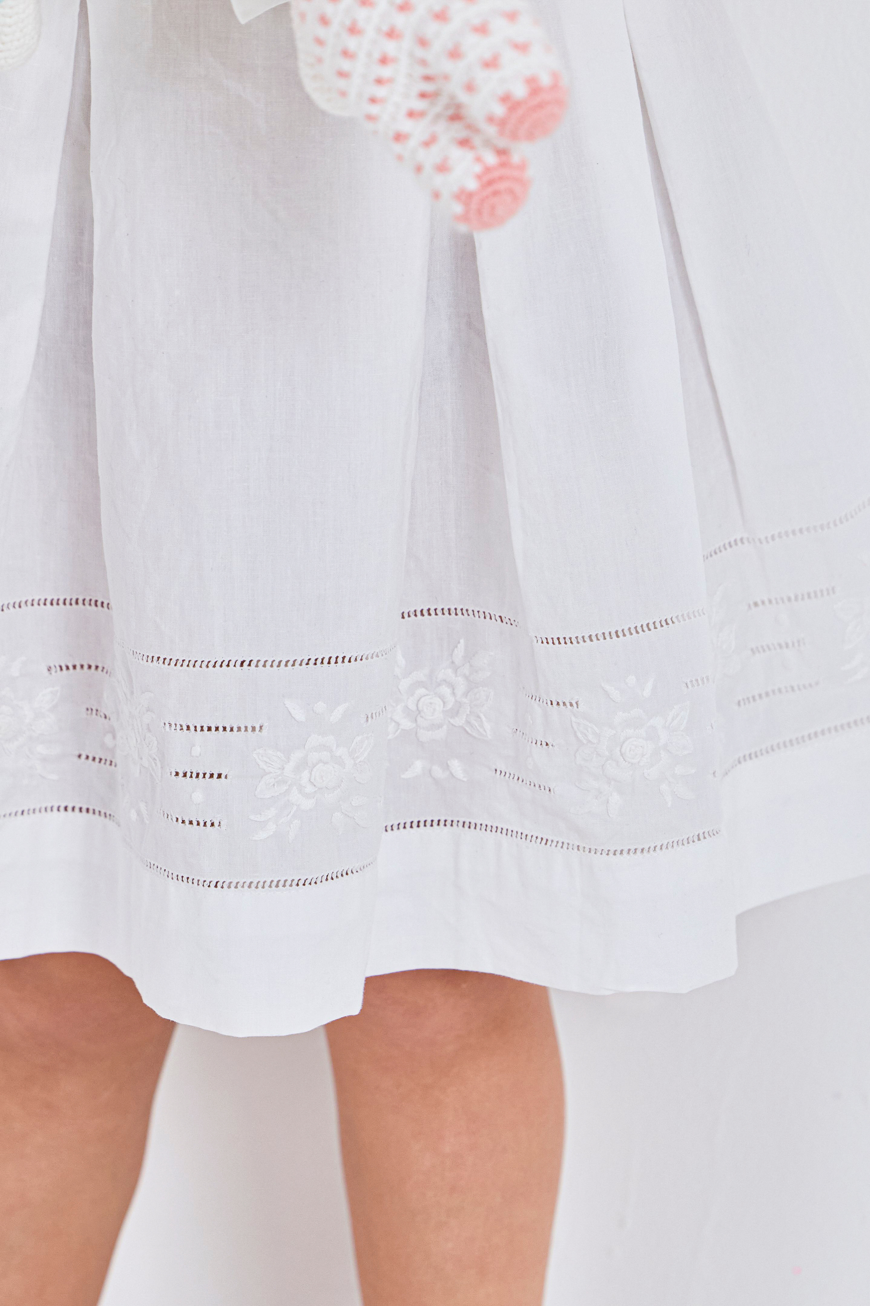 Rose-Embroidered Hemstitch Dress with Waist Bow