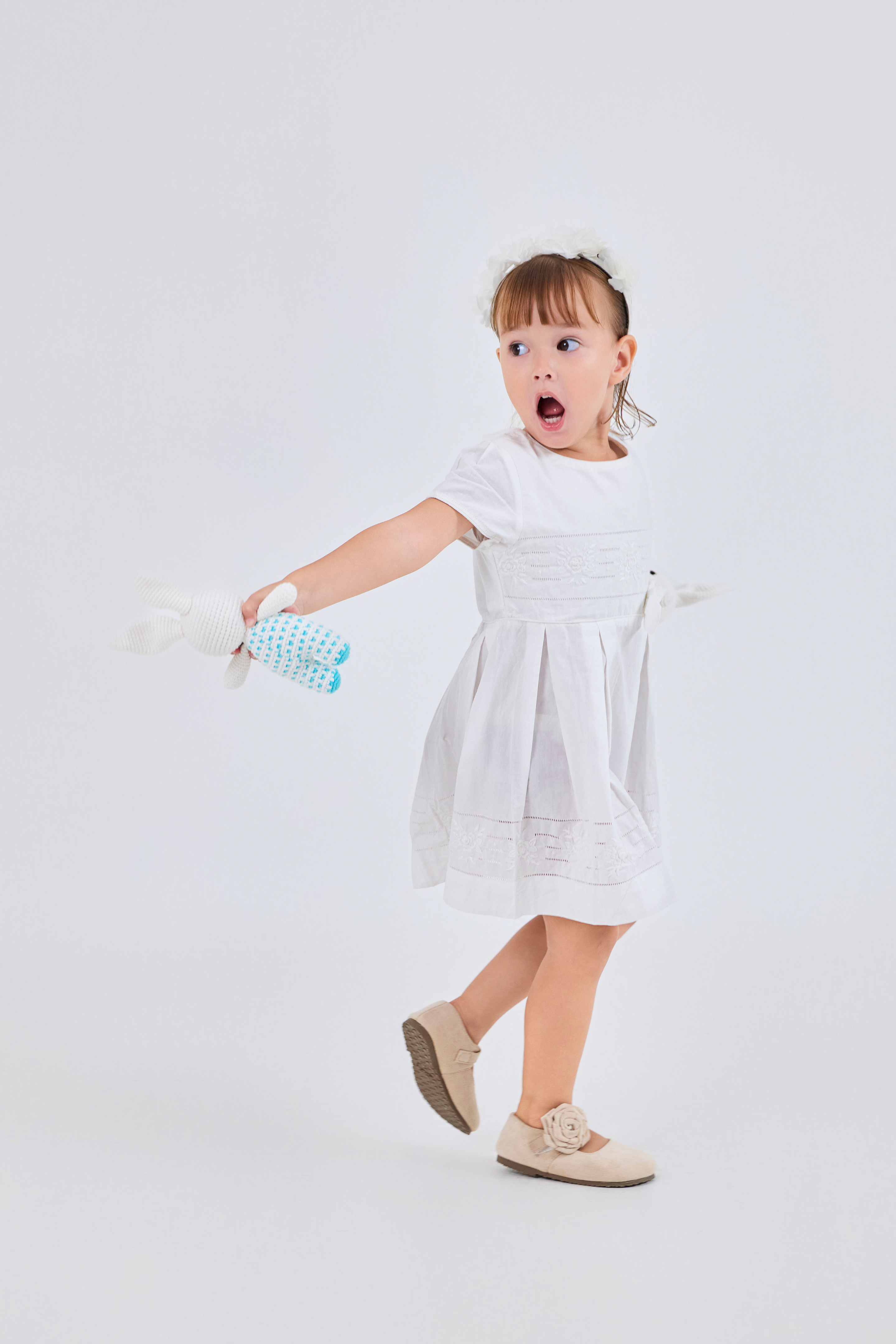Rose-Embroidered Hemstitch Dress with Waist Bow