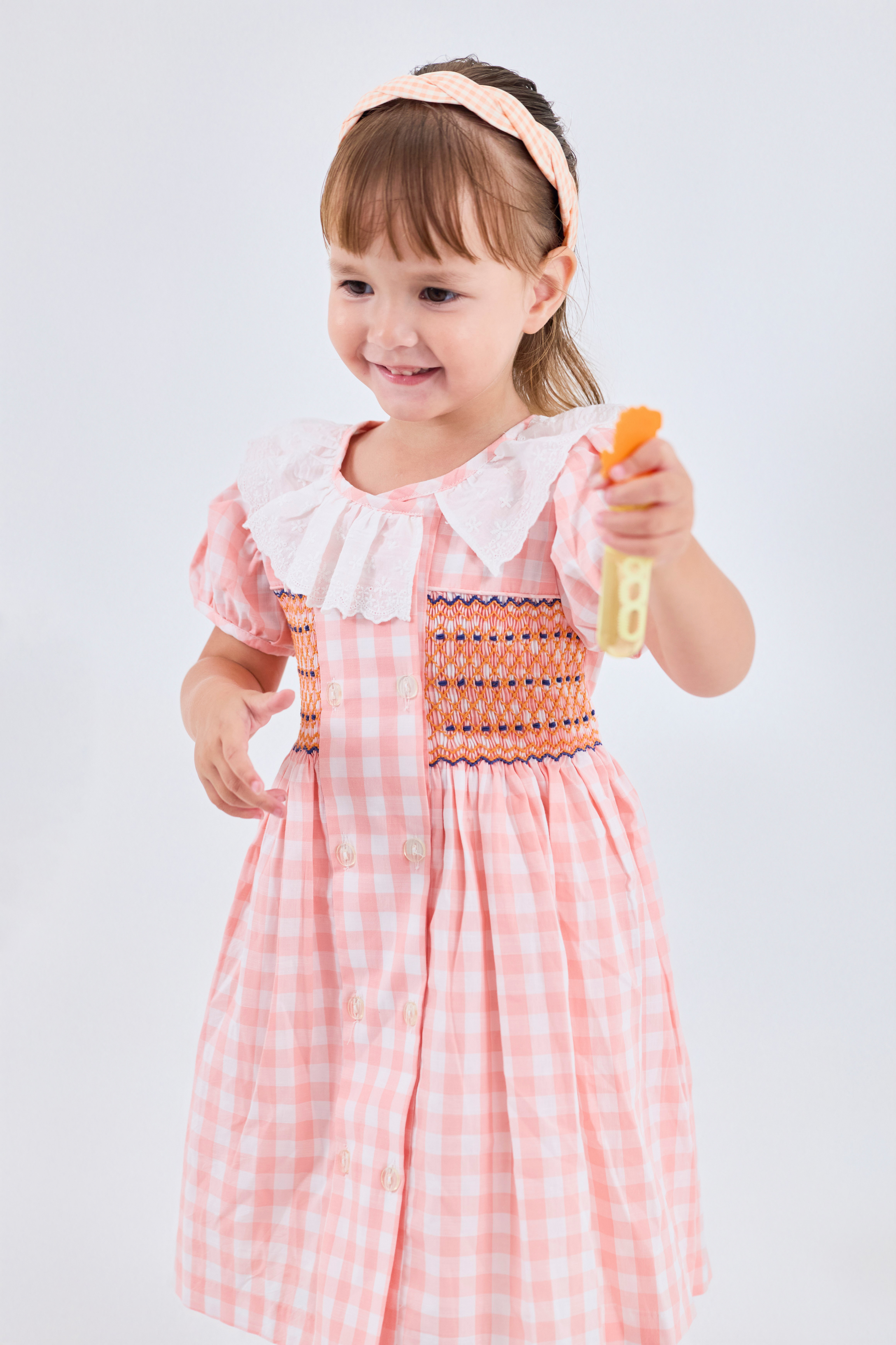 Pink Gingham Lace Smocked Dress