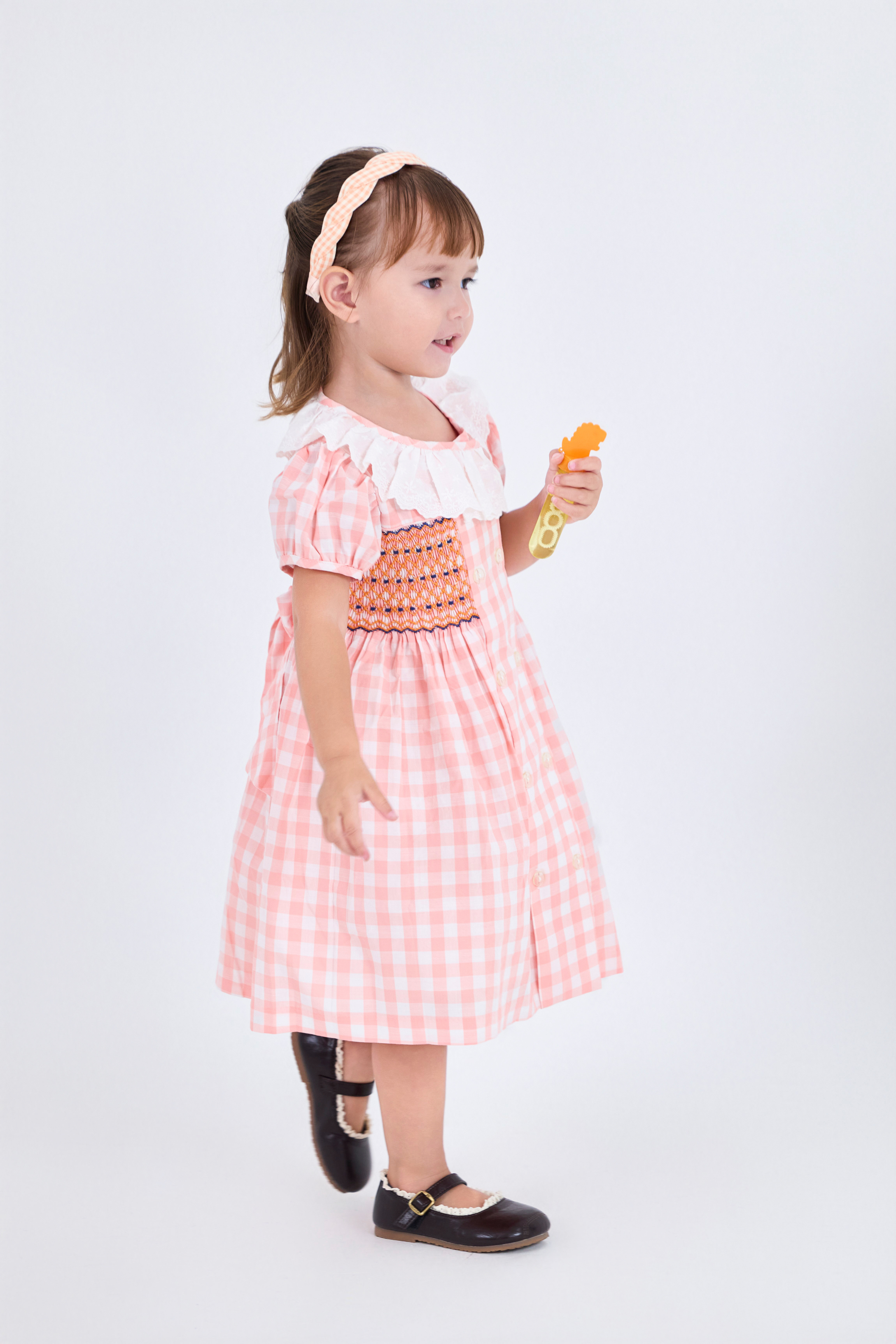 Pink Gingham Lace Smocked Dress