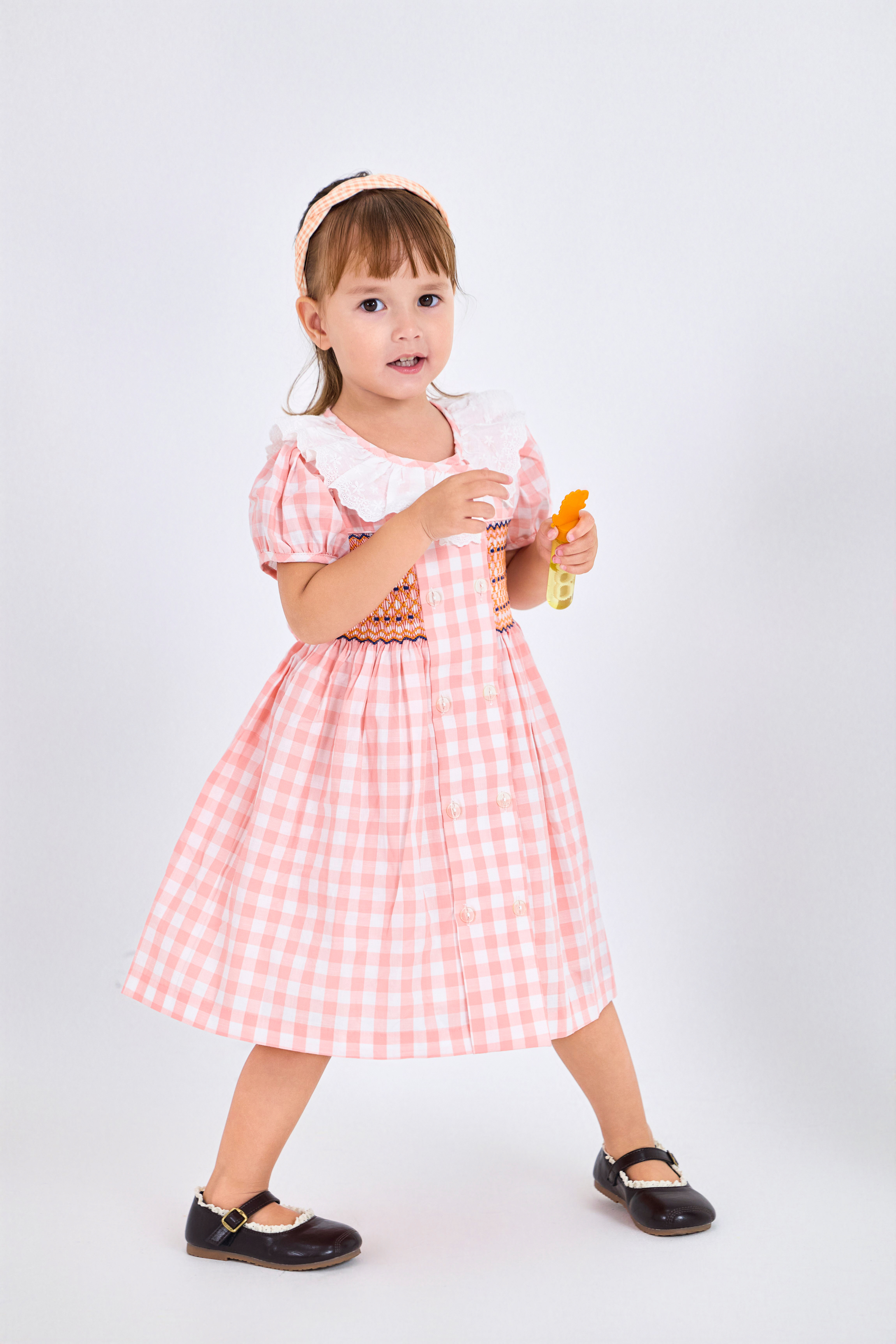 Pink Gingham Lace Smocked Dress