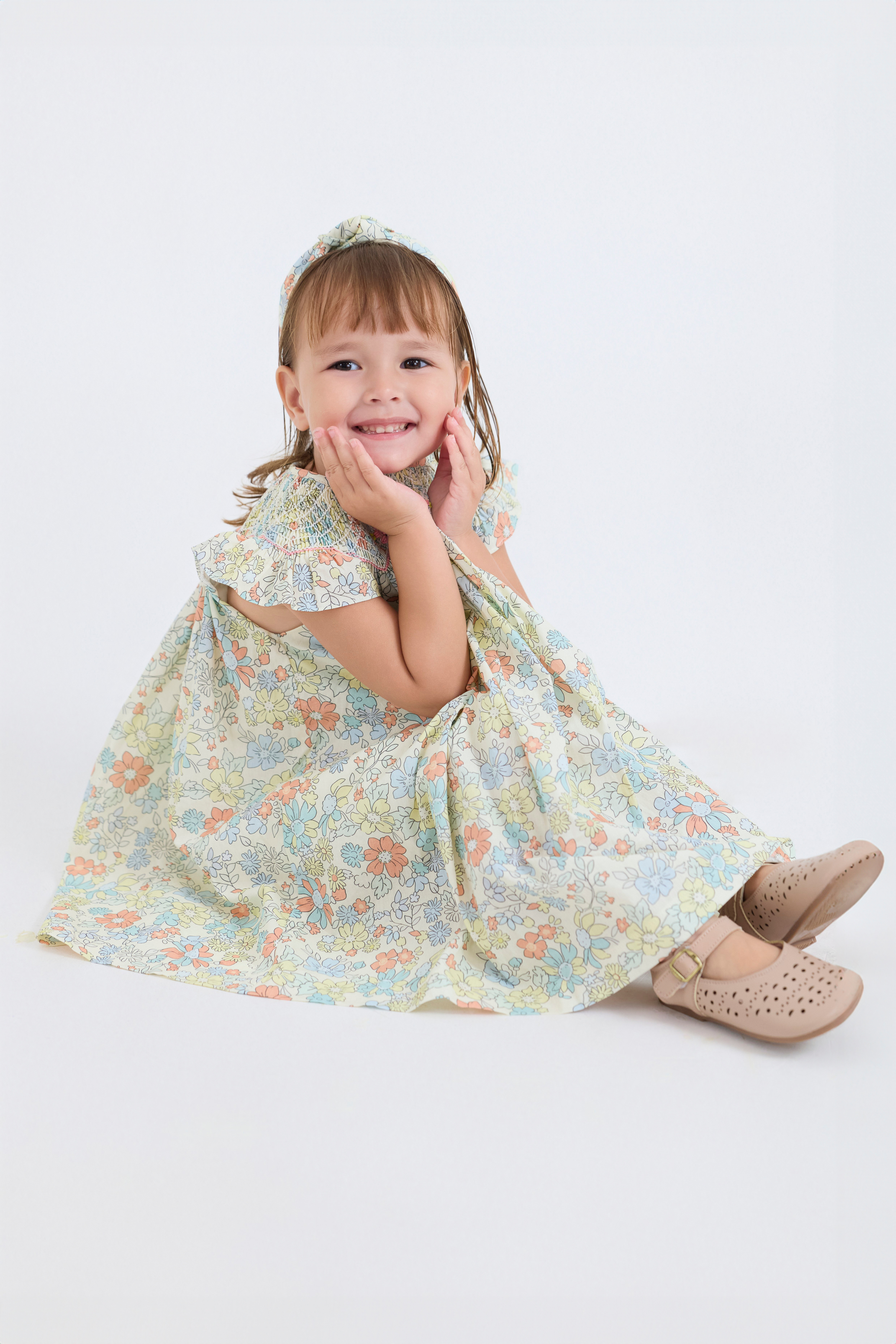 A-Line Smocked Dress & Turban Set (Yellow)