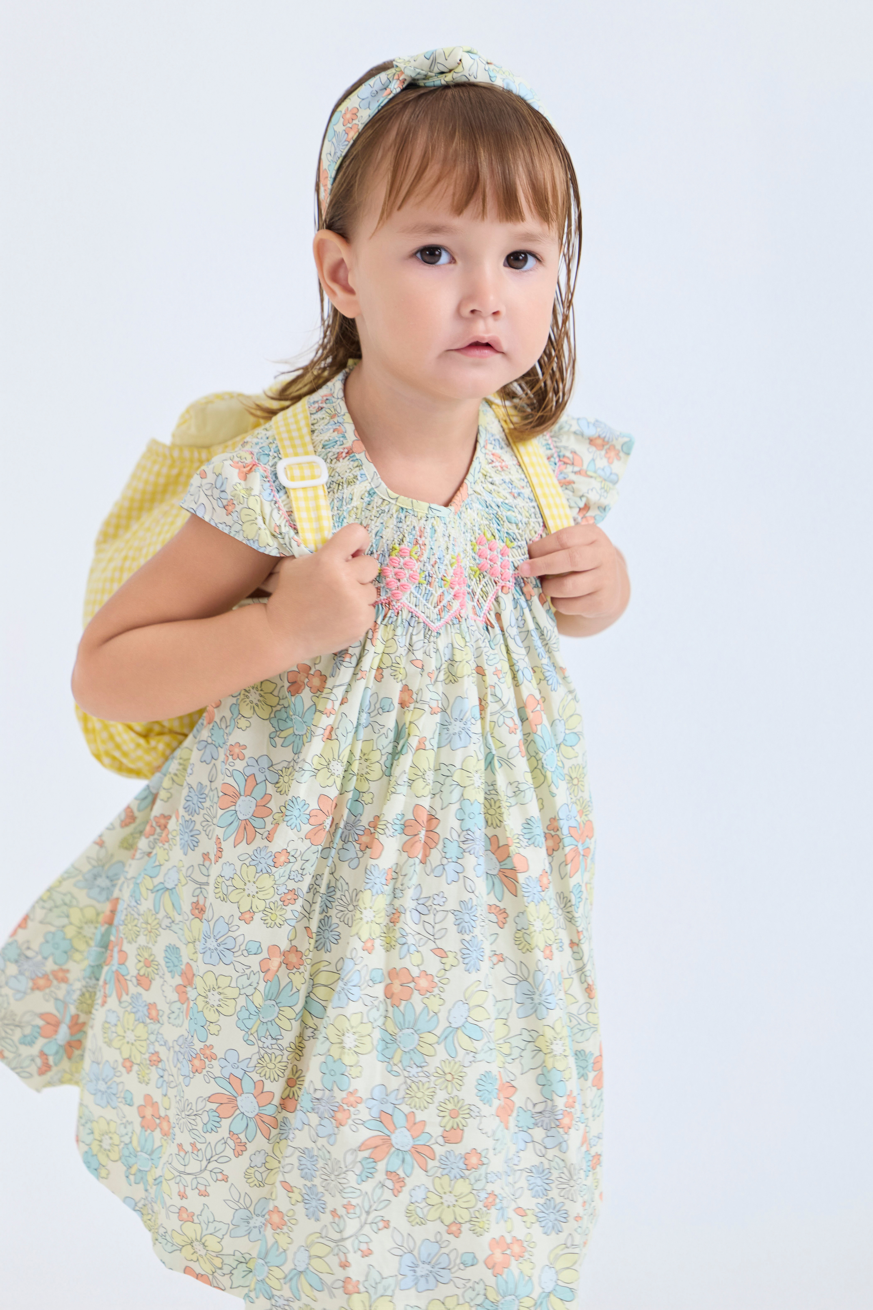 A-Line Smocked Dress & Turban Set (Yellow)