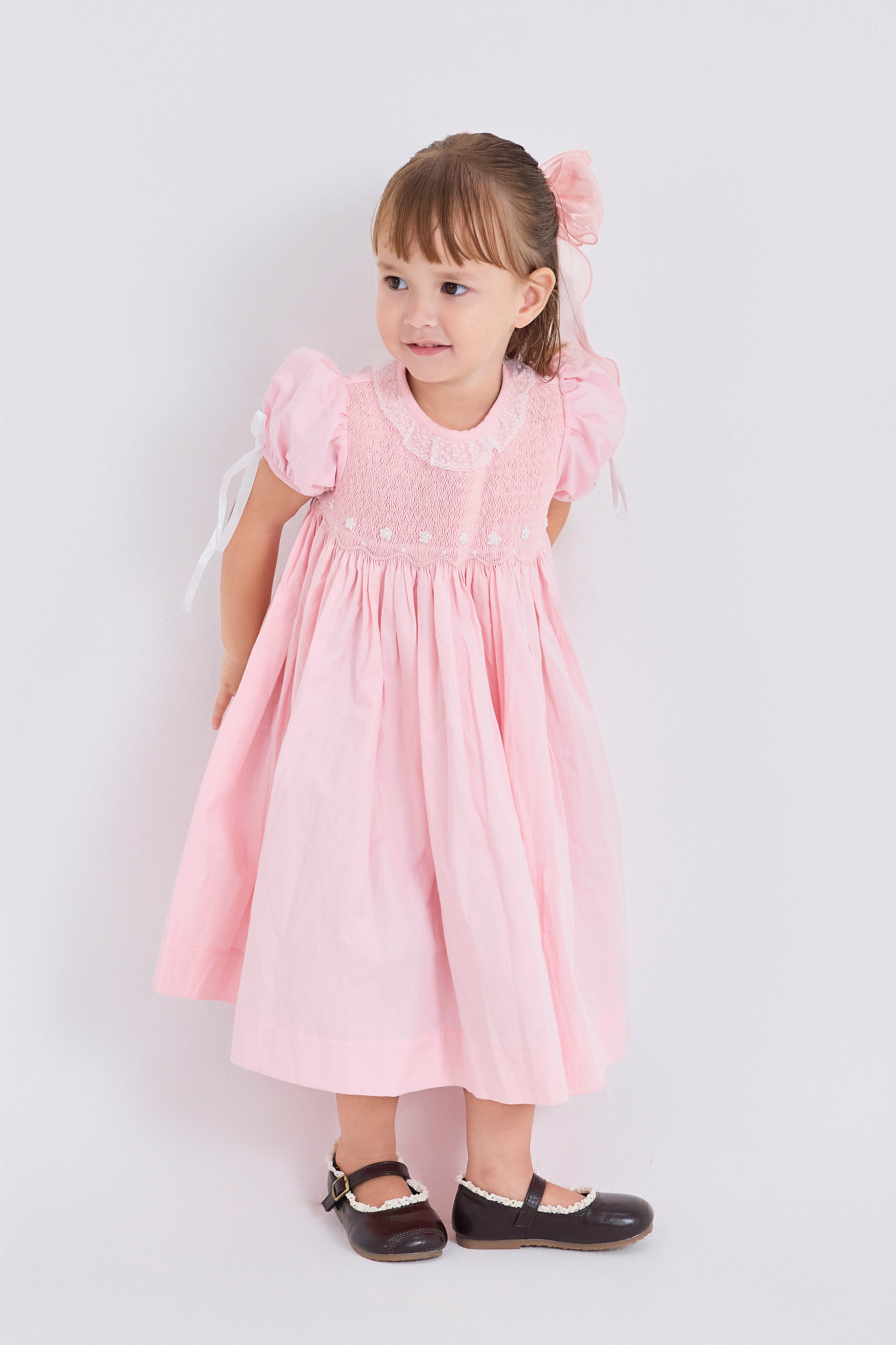 Round Neck Puff Sleeve Dress with Bows